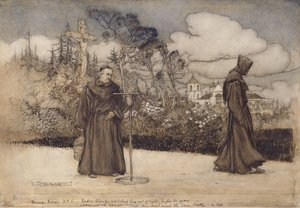 Padre Alonzo beobachtete ihn, bis er außer Sicht war, Illustration aus Gute Nacht von Eleanor Gates, 1907 von Arthur Rackham