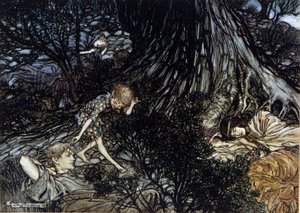 Puck legt einen magischen Filter auf die Augenlider schlafender Charaktere. Illustration von Arthur Rackham (1867-1939) für Ein Sommernachtstraum von William Shakespeare