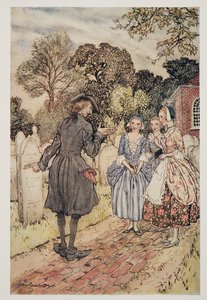 Zum Vergnügen alle Epitaphe auf den Grabsteinen rezitierend, aus Die Legende von Sleepy Hollow von Washington Irving (1783 - 1859), veröffentlicht 1928