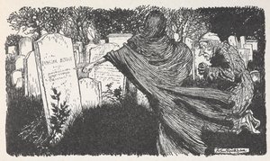 Scrooge und ein Geist auf einem Friedhof bei Nacht. von Arthur Rackham