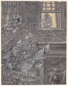 Scrooge an seinem Fenster, beobachtet Geister auf der Straße darunter von Arthur Rackham