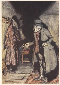 Scrooge in seinem Haus bei Nacht von Arthur Rackham