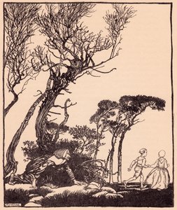 Sie schlich ihnen heimlich nach, wie Hexen es tun. Illustration von Arthur Rackham aus Grimms Märchen Brüderchen und Schwesterchen.