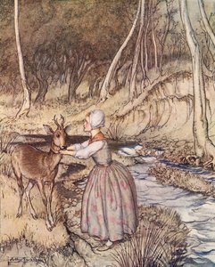Sie nahm ihr goldenes Strumpfband ab und legte es um den Hals des Rehbocks. Illustration von Arthur Rackham aus Grimms Märchen, Brüderchen und Schwesterchen, veröffentlicht Ende des 19. Jahrhunderts.