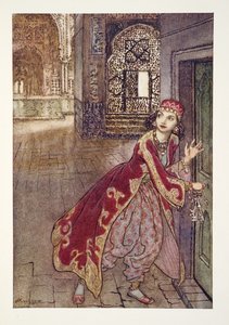 Sie nahm dann den kleinen Schlüssel und öffnete die Tür, zitternd, aus dem Arthur Rackham Märchenbuch, veröffentlicht 1933