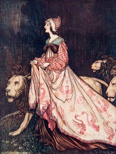 Sie ging begleitet von den Löwen weg, aus den Märchen der Brüder Grimm, veröffentlicht 1909 von Arthur Rackham