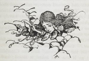 Geschrumpfte Alice nach dem Essen eines Stücks des Pilzes der Raupe von Arthur Rackham