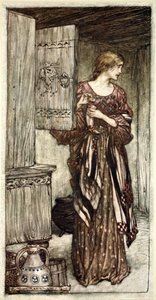 Sieglinde bereitet Hundings Trank für die Nacht vor von Arthur Rackham