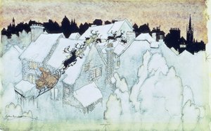 "So flogen die Renntiere hinauf zum Hausdach", Illustration zu "Die Nacht vor Weihnachten" veröffentlicht 1931 von Arthur Rackham
