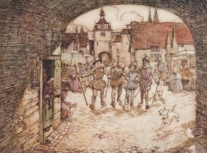 So nahmen die vier Brüder ihre Stöcke in die Hand, verabschiedeten sich von ihrem Vater und verließen das Stadttor, aus Die Märchen der Brüder Grimm, veröffentlicht 1909 von Arthur Rackham