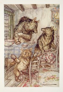 Jemand hat in meinem Stuhl gesessen und hat den Boden durchgesessen! sagte der kleine, kleine, kleine Bär, aus The Arthur Rackham Fairy Book, veröffentlicht 1933 von Arthur Rackham