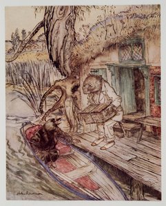 Schieb das unter deine Füße, bemerkte er zum Maulwurf, als er ins Boot stieg, aus Wind in den Weiden von Kenneth Grahame (1859 - 1932), veröffentlicht 1940 von Arthur Rackham
