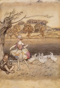 Tattercoats tanzt, während der Gänsehirt pfeift, Illustration aus Englische Märchen, nacherzählt von F.A. Steel, veröffentlicht 1918 von Arthur Rackham