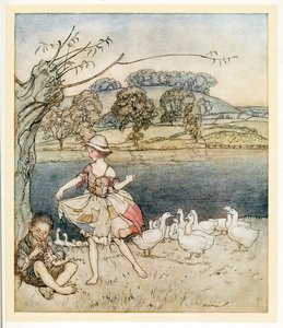 Tattercoats tanzt, während der Gänsehirte pfeift, aus Englische Märchen von Arthur Rackham