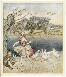 Tattercoats tanzt, während der Gänsehirte pfeift, aus Englische Märchen, 1922 von Arthur Rackham