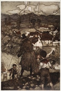 Sie lehrten sie, Drachen steigen zu lassen., aus Rip Van Winkle von Washington Irving, veröffentlicht 1910 von Arthur Rackham