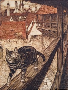 Die Katze schlich sich hinter die Stadtmauern zur Kirche, aus Die Märchen der Brüder Grimm, veröffentlicht 1909 von Arthur Rackham