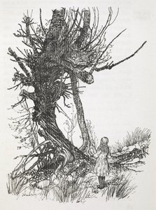 Die Grinsekatze in einem Baum, die auf Alice herabblickt