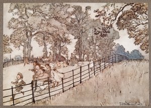 Der Buckel, der Teil des Broad Walk ist, wo alle großen Rennen stattfinden, aus Peter Pan in Kensington Gardens von J M Barrie, veröffentlicht 1906 von Arthur Rackham