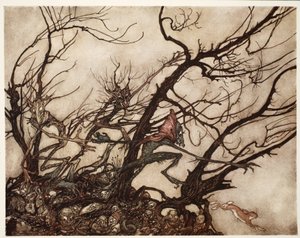 Die Indianer betrachteten sie als die Wohnstätte von Geistern., aus Rip Van Winkle von Washington Irving, veröffentlicht 1910 von Arthur Rackham