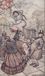 Die Dame mit den Ballons, die draußen sitzt (aus Peter Pan in Kensington Gardens von J. M. Barrie) von Arthur Rackham