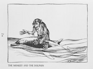 Der Affe und der Delfin, Illustration aus Äsops Fabeln, veröffentlicht von Heinemann, 1912