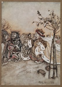 Die Herz-Königin schreit wütend nach dem Krocketspiel von Arthur Rackham
