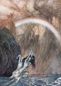 Die Rheintöchter beklagen ihr verlorenes Gold. Illustration für Das Rheingold und Die Walküre von Richard Wagner von Arthur Rackham