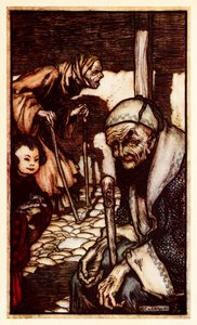 Die Struldbrugs, unglückliche Unsterbliche ohne ewige Jugend, die aus Teil III: Eine Reise nach Laputa, Balnibarbi, Luggnagg, Glubbdubdrib und Japan in Gullivers Reisen von Jonathan Swift erklärt werden von Arthur Rackham