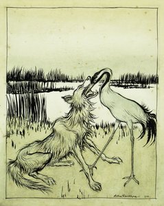 Der Wolf und der Kranich - Äsops Fabeln, 1912 von Arthur Rackham