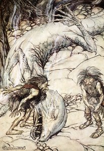Die Zwerge streiten sich über den Körper von Fafner von Arthur Rackham