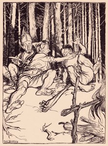 Der Riese gab dem, der neben ihm saß, eine Ohrfeige. Illustration von Arthur Rackham aus Grimms Märchen Der geschickte Jäger.