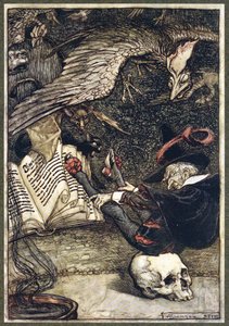Der kleine Mann hatte sich in der Mitte des Kreises auf den großen Schädel gesetzt, aus Die Ingoldsby-Legenden, 1907