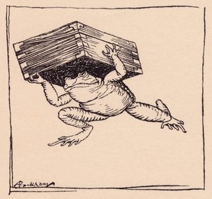 Der Kleine ging und brachte die Kiste. Illustration von Arthur Rackham aus Grimms Märchen Der eiserne Ofen.