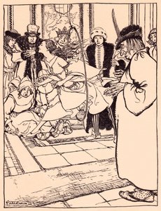 Das hübsche Mädchen sprang so leicht wie ein Reh durch den Reifen. Illustration von Arthur Rackham aus Grimms Märchen, Die drei Federn.