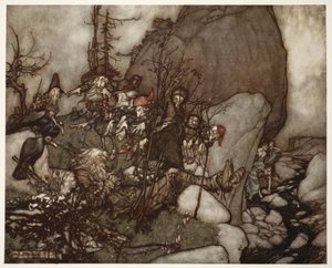 Der Schlaf von Rip Van Winkle., aus Rip Van Winkle von Washington Irving, veröffentlicht 1910 von Arthur Rackham