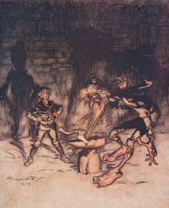 Der Jüngling nahm die Axt und spaltete den Amboss mit einem Schlag, wobei er gleichzeitig den Bart des alten Mannes erwischte, aus Die Märchen der Brüder Grimm, veröffentlicht 1909