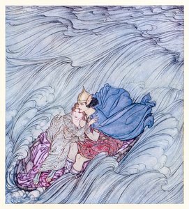 Die Wellen aller Welten schienen in einem riesigen grünen Teppich an ihnen vorbeizuwirbeln aus Becuma of the White Skin in Irish Fairy Tales von Arthur Rackham