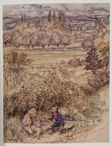 Der Wanderer grüßte mit einer höflichen Geste, die etwas Fremdes an sich hatte, aus Wind in den Weiden von Kenneth Grahame (1859 - 1932), veröffentlicht 1940