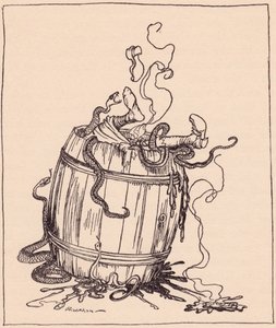Die böse Schwiegermutter wurde in ein Fass mit kochendem Öl und giftigen Schlangen gesteckt. Illustration von Arthur Rackham aus Grimms Märchen, Die zwölf Brüder, veröffentlicht Ende des 19. Jahrhunderts.
