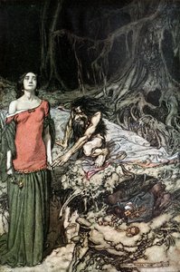 Das Werben um Grimhilde, die Mutter von Hagen. Illustration für Siegfried und Die Götterdämmerung von Arthur Rackham
