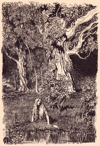 Dort saß sie und hätte lange sitzen bleiben können, wenn es nicht ein Rascheln und Knacken in den Zweigen des nächsten Baumes gegeben hätte. Illustration von Arthur Rackham aus Grimms Märchen Die Gänsemagd am Brunnen.