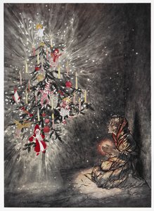 Dort saß sie unter dem schönen Weihnachtsbaum. Ein junges Mädchen schaut auf den hell erleuchteten Weihnachtsbaum. Farbige Illustration für die Geschichte 
