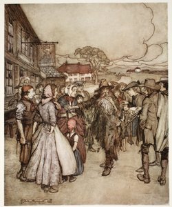 Sie drängten sich um ihn und betrachteten ihn von Kopf bis Fuß mit großer Neugier., aus Rip Van Winkle von Washington Irving, veröffentlicht 1910