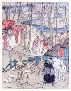 Sie boten eine Kuh für jedes Bein ihrer Kuh, aber sie akzeptierte das Angebot nur, wenn Fiachna für die Zahlung bürgte. aus Mongans Frenzy in Irish Fairy Tales