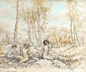 Drei Waldnymphen sammeln Blumen von Arthur Rackham