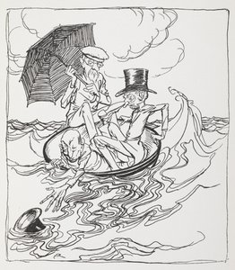 Drei Männer in einer Schüssel auf dem Meer. von Arthur Rackham