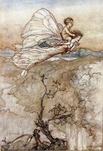 Titania, die Königin der Feen, fliegt mit ihrem Wechselbalg. Illustration von Arthur Rackham für Ein Sommernachtstraum von William Shakespeare