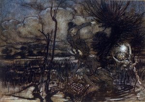 Zwei Figuren drohen im Sumpf zu ertrinken, Puck hilft ihnen mit einem Feuer. Illustration von Arthur Rackham für Ein Sommernachtstraum von William Shakespeare von Arthur Rackham