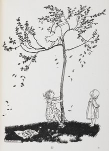 Zwei Kinder versuchen, eine Katze vom Baum zu holen. von Arthur Rackham